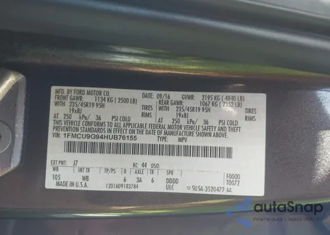 2017 Ford Escape Se z USA, uszkodzony, nr VIN 1FMCU9G94HUB76155